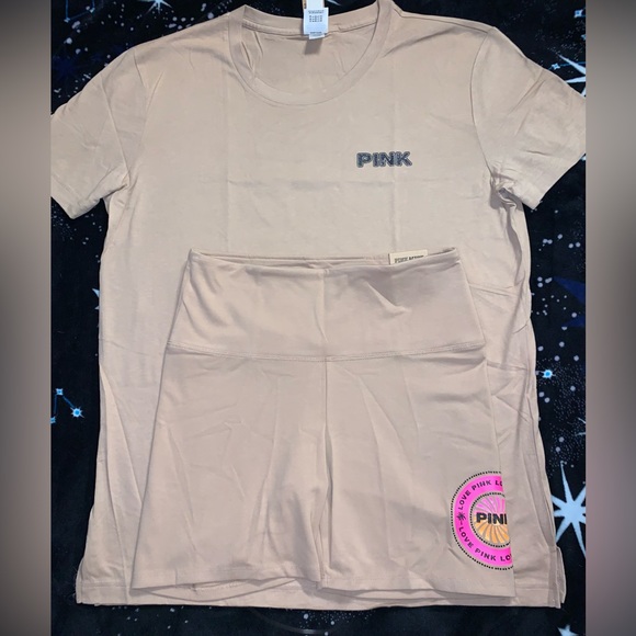 VS Pink Mocha Latte NEW RELEASE Tropical Campus Tee & Cotton Biker Shorts SET - Picture 10 of 14